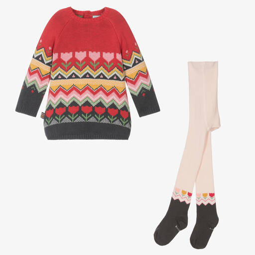 Boboli-طقم فستان قطن محبوك لون أحمر للمولودات | Childrensalon Outlet