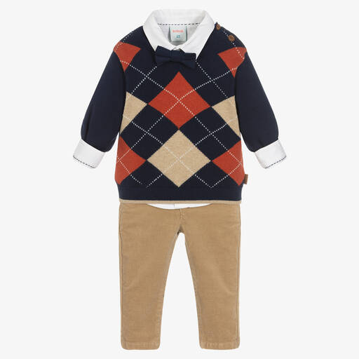Boboli-طقم بنطلون قطن ومزيج قطن محبوك لون بيج وكحلي | Childrensalon Outlet