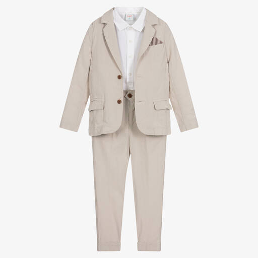 Boboli-طقم بنطلون قطن وكتان لون بيج وعاجي للأولاد | Childrensalon Outlet