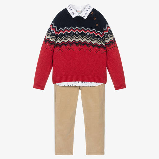 Boboli-طقم بنطلون قطن وصوف لون أحمر وبيج للأولاد | Childrensalon Outlet