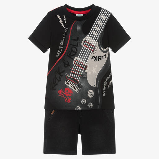 Boboli-Boys Black Cotton Rock & Roll Shorts Set | Childrensalon Outlet