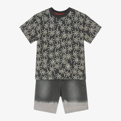 Boboli-Boys Grey Cotton Palm Tree Shorts Set | Childrensalon Outlet