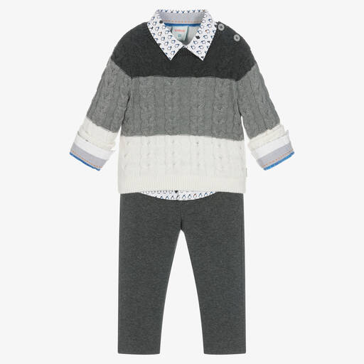 Boboli-طقم بنطلون قطن محبوك لون رمادي وأبيض للأولاد | Childrensalon Outlet