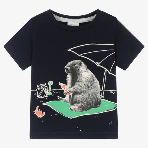 Boboli-Boys Navy Blue Beaver Print T-Shirt | Childrensalon Outlet