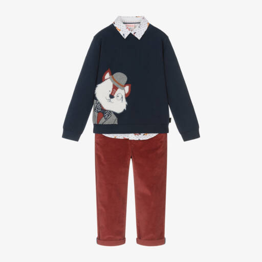 Boboli-طقم بنطلون بتصميم ثعلب لون كحلي وأحمر للأولاد | Childrensalon Outlet