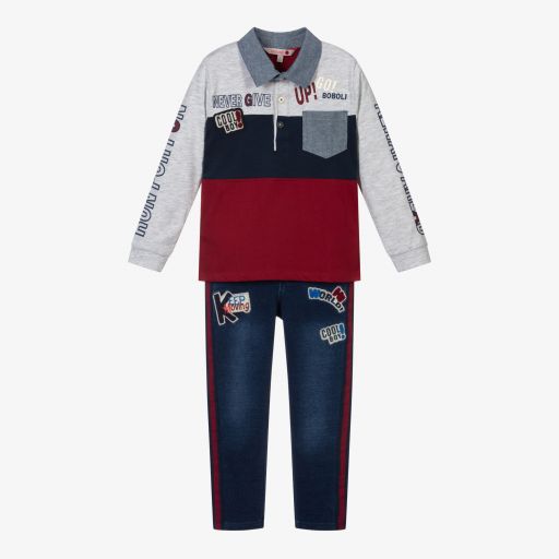 Boboli-طقم جينز قطن جيرسي لون أحمر وأزرق للأولاد | Childrensalon Outlet