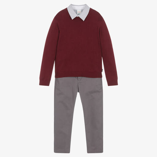 Boboli-Ensemble pantalon coton rouge gris | Childrensalon Outlet