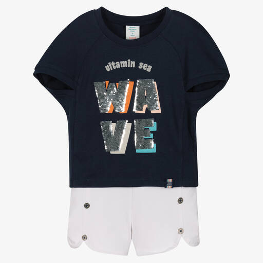 Boboli-طقم شورت قطن لون أبيض وكحلي للبنات | Childrensalon Outlet