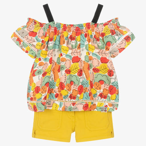Boboli-طقم شورت فيسكوز لون أصفر موتارد وطبعة ورود | Childrensalon Outlet