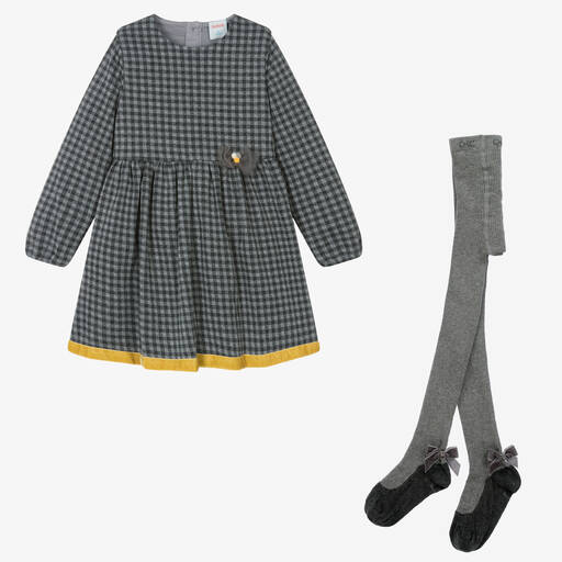 Boboli-طقم فستان وكولون قطن كاروهات لون رمادي | Childrensalon Outlet