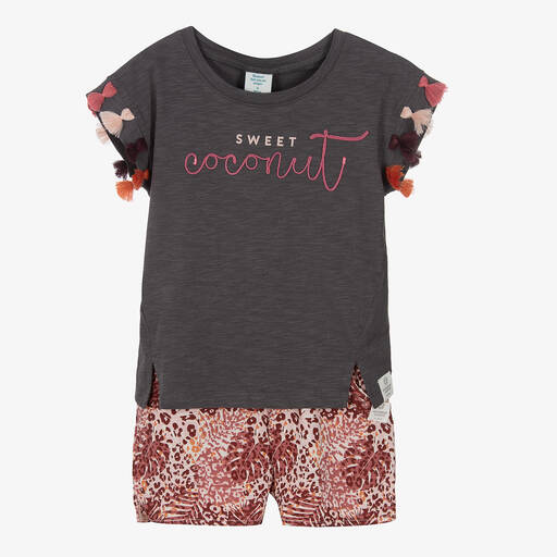 Boboli-Girls Grey & Pink Cotton Shorts Set | Childrensalon Outlet