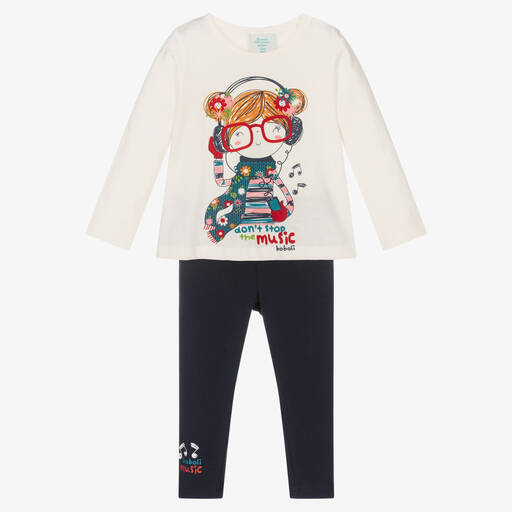 Boboli-طقم ليغنغز قطن جيرسي لون عاجي وأزرق للبنات | Childrensalon Outlet