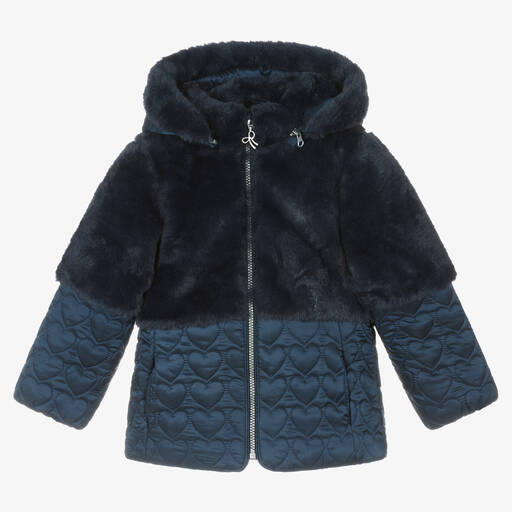 Boboli-Girls Navy Blue Quilted Faux Fur Coat | Childrensalon Outlet