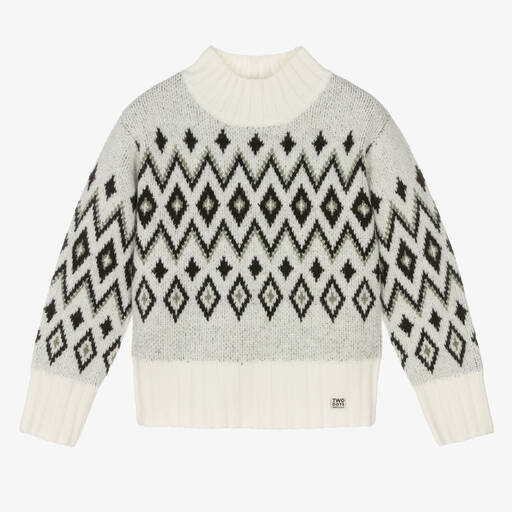 Boboli-Girls Pale Grey & White Pattern Sweater | Childrensalon Outlet