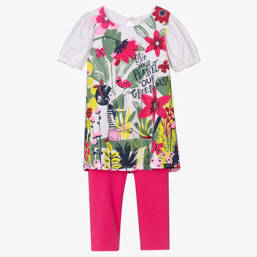 Boboli-Girls Pink Floral Cotton Dress & Leggings Set | Childrensalon Outlet