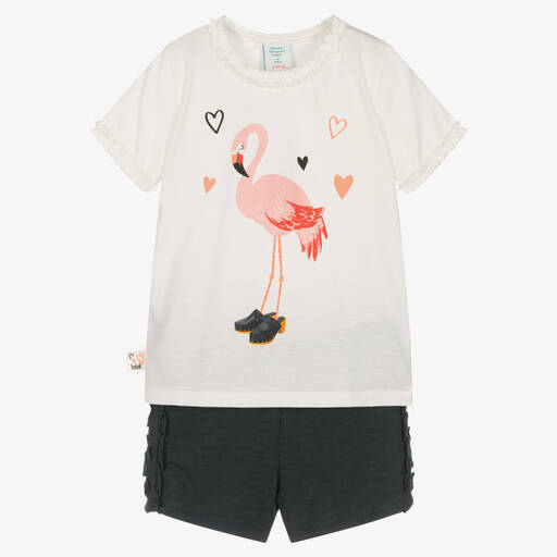 Boboli-Girls White & Black Cotton Shorts Set | Childrensalon Outlet