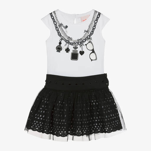 Boboli-طقم تنورة قطن جيرسي لون أبيض وأسود | Childrensalon Outlet