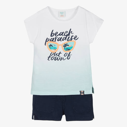 Boboli-Girls White & Blue Cotton Shorts Set | Childrensalon Outlet