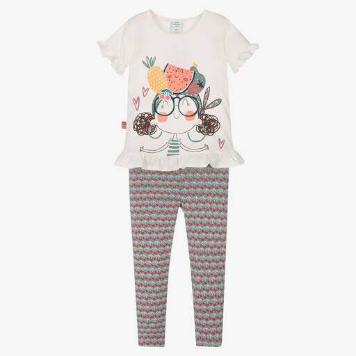 Boboli-Baumwoll-Leggings-Set in Weiß-Grün | Childrensalon Outlet