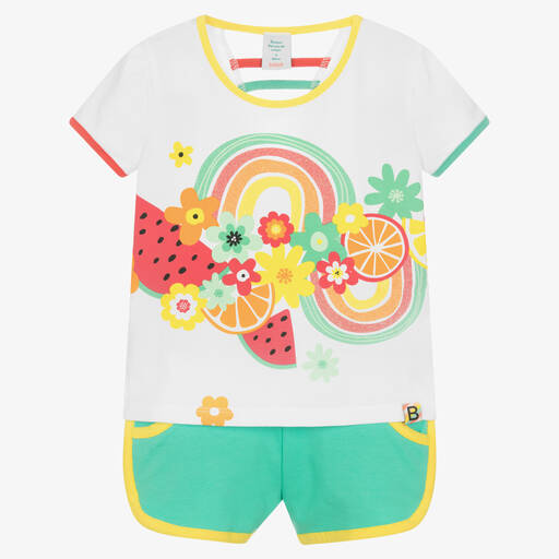 Boboli-طقم شورت أطفال بناتي قطن جيرسي لون أبيض وأخضر | Childrensalon Outlet