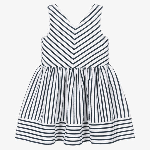 Boboli-Girls White & Navy Blue Striped Dress | Childrensalon Outlet