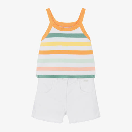 بوبولي-طقم شورت قطن مقلم لون أبيض وبرتقالي للبنات | Childrensalon Outlet