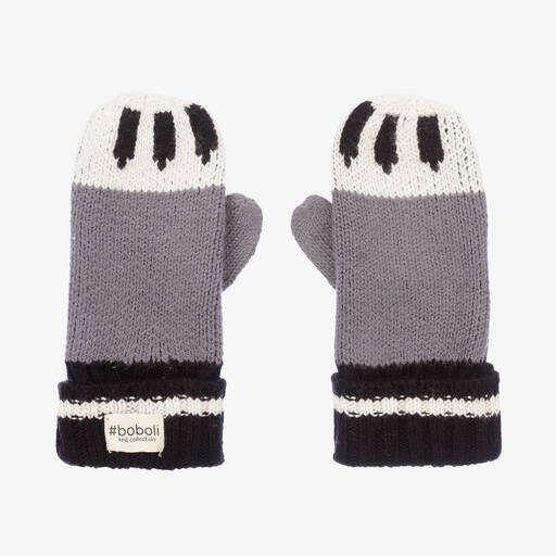 Boboli-Grey Dog Paw Knitted Mittens | Childrensalon Outlet