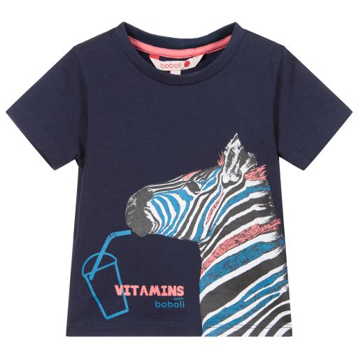 Boboli-Темно-синяя хлопковая футболка с зеброй | Childrensalon Outlet