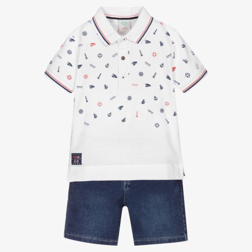 Boboli-طقم شورت قطن بيكيه لون أبيض وأزرق للأولاد | Childrensalon Outlet