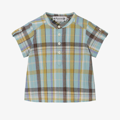 Bonpoint-قميص قطن وكتان كاروهات لون أزرق وأخضر | Childrensalon Outlet