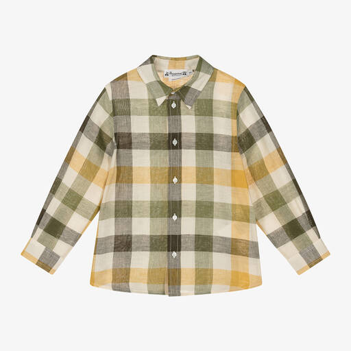 Bonpoint-Boys Green Linen & Cotton Check Shirt | Childrensalon Outlet