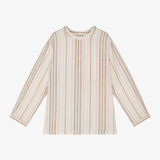 Bonpoint-Boys Ivory Cotton Stripe Collarless Shirt | Childrensalon Outlet