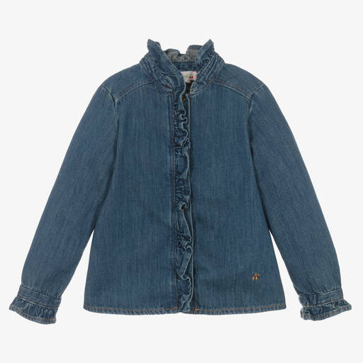 Bonpoint-Girls Blue Cotton Denim Ruffle Blouse | Childrensalon Outlet