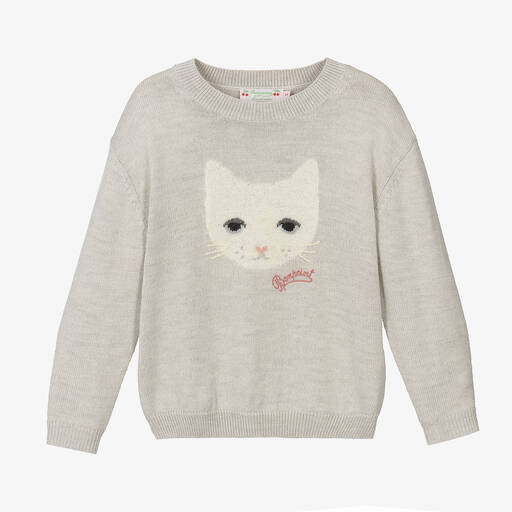 Bonpoint-Girls Grey Wool Knit Cat Jumper | Childrensalon Outlet