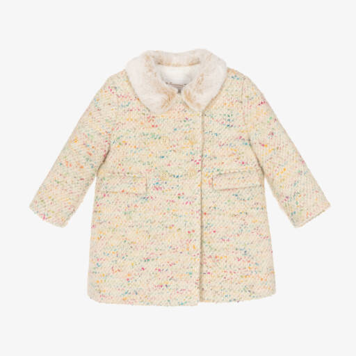 Bonpoint-Girls Ivory Tweed Coat with Fur Collar | Childrensalon Outlet