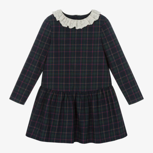 Bonpoint-Girls Navy Tartan Lace Dress | Childrensalon Outlet