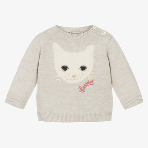 Bonpoint-Hellgrauer Merinopullover mit Katze | Childrensalon Outlet