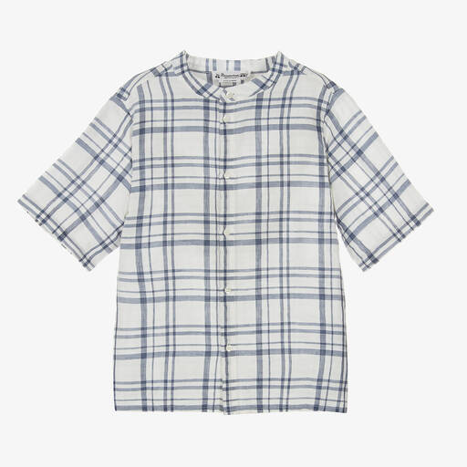 Bonpoint-قميص مزيج قطن وكتان كاروهات لون أزرق وأبيض | Childrensalon Outlet