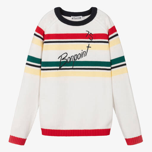 Bonpoint-Teen Boys Ivory Striped Cotton Knit Sweater | Childrensalon Outlet