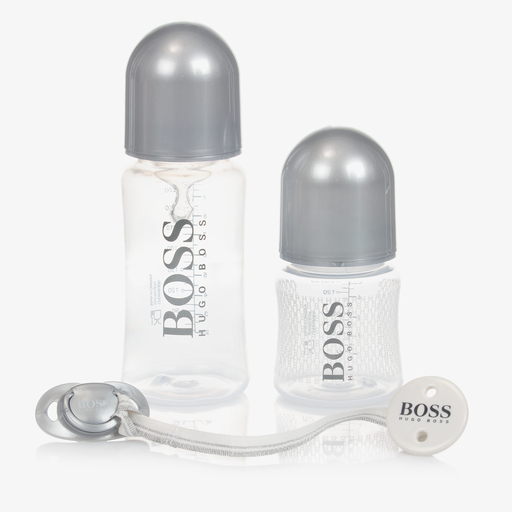 BOSS-طقم زجاجات رضاعة ومصّاصة لون فضي (4 قطع) | Childrensalon Outlet