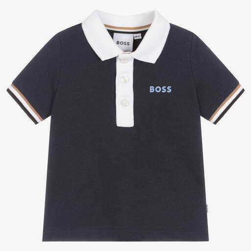BOSS-Baby Boys Blue Cotton Piqué Logo Polo Shirt | Childrensalon Outlet