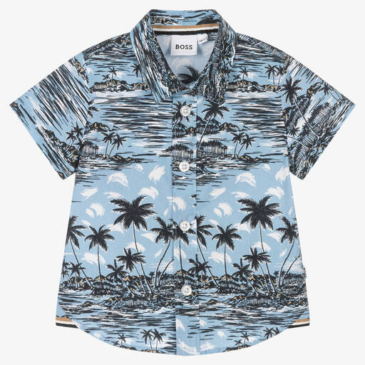 BOSS-Baby Boys Blue Palm Tree Print Shirt | Childrensalon Outlet