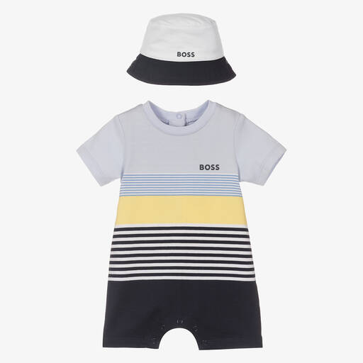 BOSS-Baby Boys Blue Stripe Shortie & Hat Set | Childrensalon Outlet