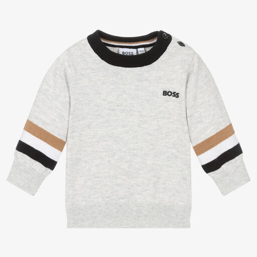 BOSS-Серый свитер из хлопка и шерсти | Childrensalon Outlet