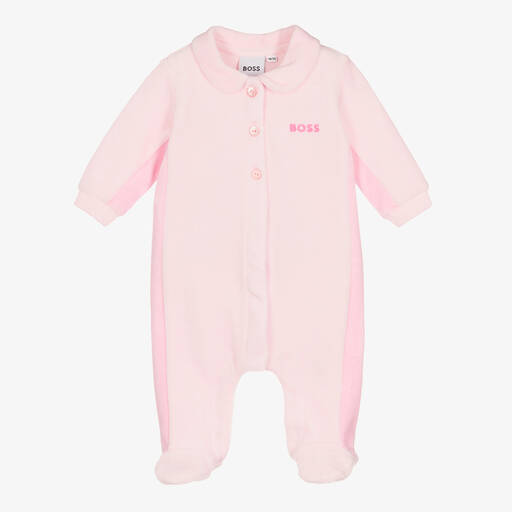 BOSS-Baby Girls Pink Velour Babygrow | Childrensalon Outlet