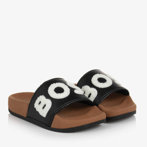 BOSS-Beige & Black Rubberised Sliders | Childrensalon Outlet