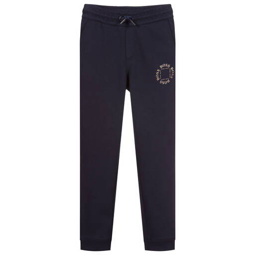 BOSS-Blue Cotton Gold Logo Joggers | Childrensalon Outlet