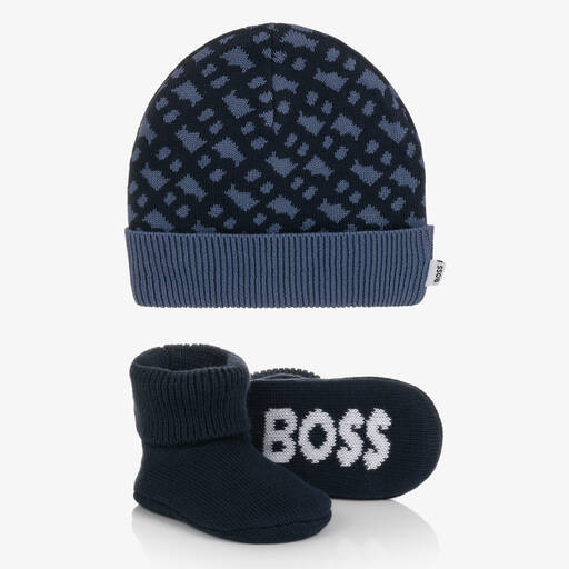 BOSS-طقم هدية قبعة وبوت قطن محبوك لون كحلي | Childrensalon Outlet