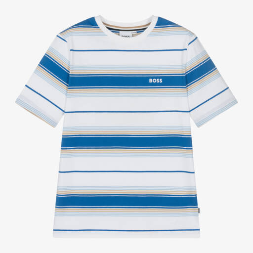 BOSS-Blue Striped Cotton Tee for Boys | Childrensalon Outlet