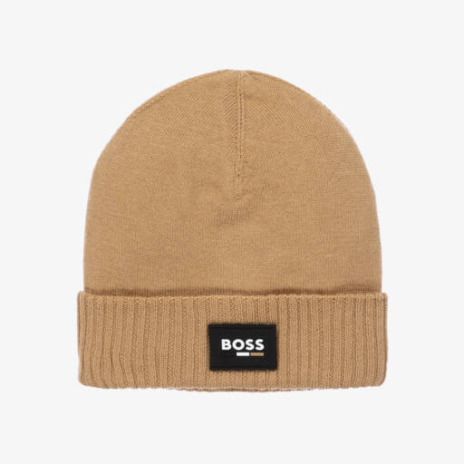 BOSS-Boys Beige Knitted Logo Hat | Childrensalon Outlet